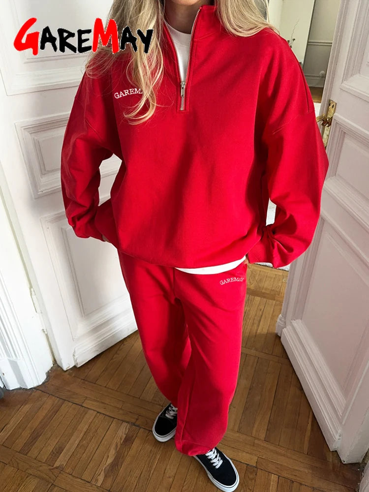 Spring Red Women's Tracksuit with Zipper Cotton Oversize Classic Two Piece Set Women Casual Yellow Trouser Suits for Women 2026 Quick Pick Grocers